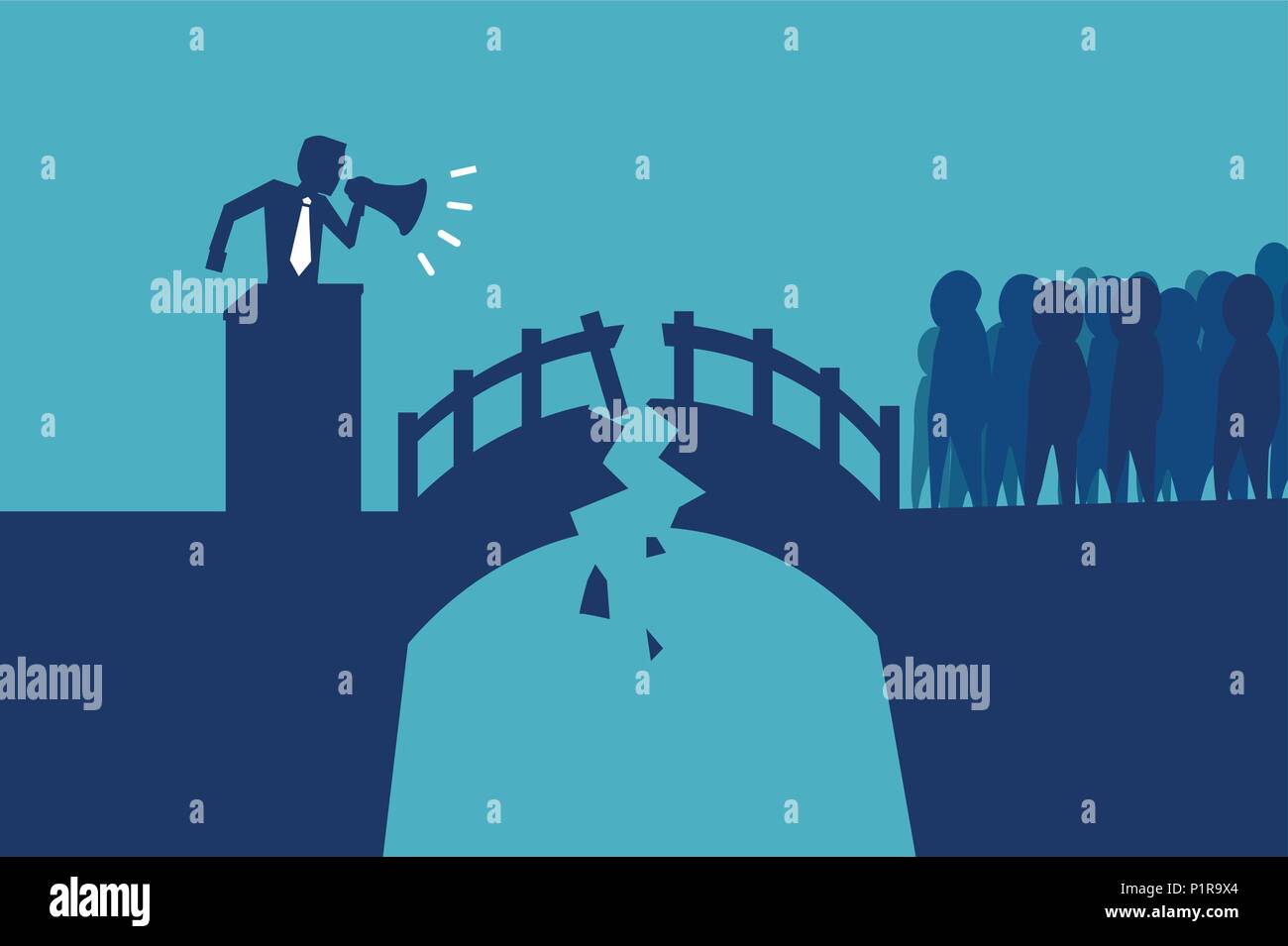 Vettore di un uomo grida in altoparlante ad una folla sull'altro lato della rottura ponte danneggiato Illustrazione Vettoriale