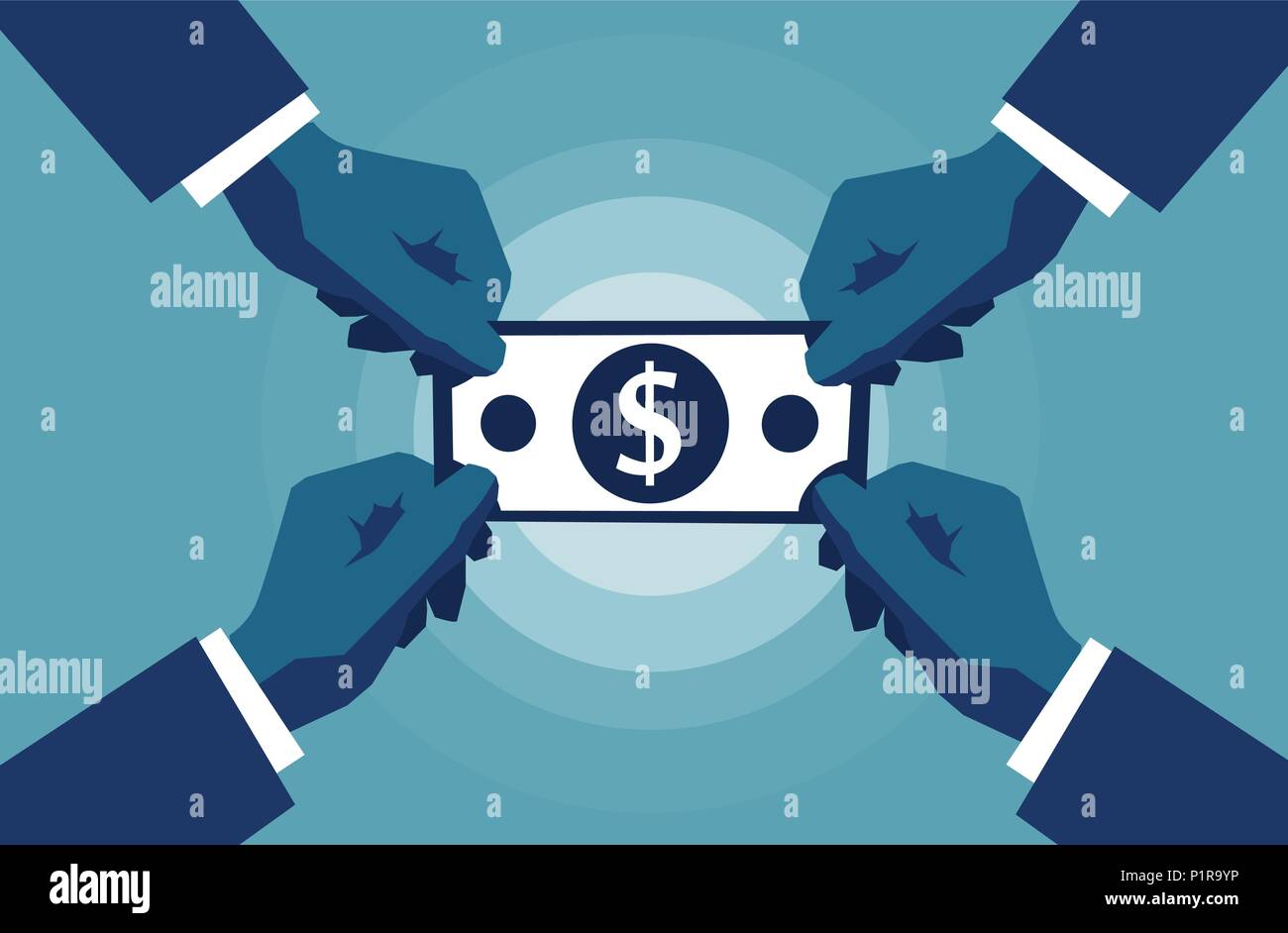 Quattro mani raggiungendo per contanti carta moneta dollar sign simbolo. Business e la ricchezza del concetto. Sfondo blu. Illustrazione Vettoriale Illustrazione Vettoriale