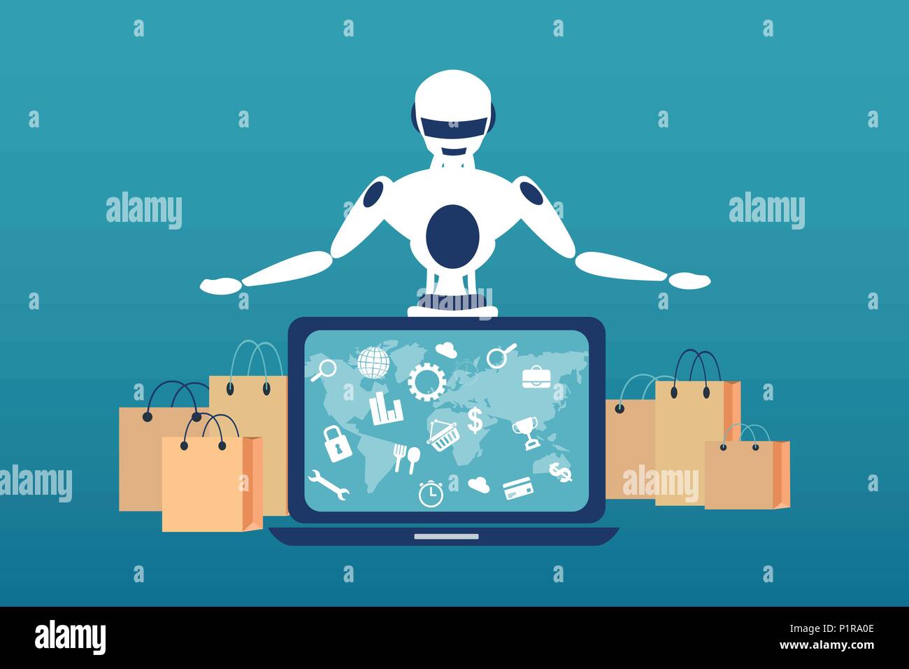 Concetto di vettore illustrazione del controllo di robot di erogazione e la spedizione attraverso Internet. Illustrazione Vettoriale