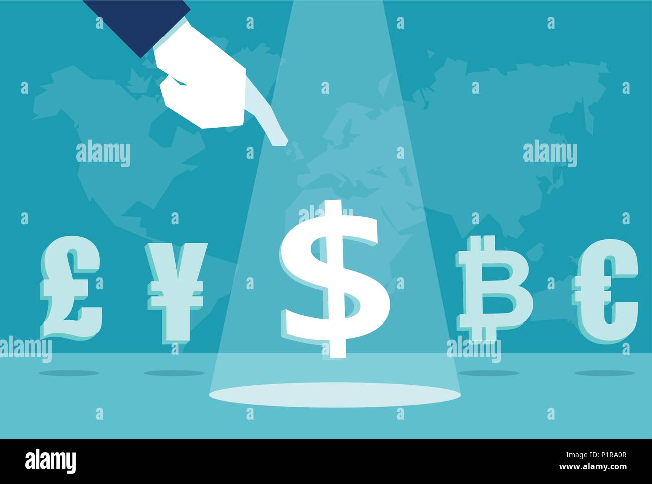 La mano di imprenditore puntando al dollaro tra euro e dollaro bitcoin yen e sterlina inglese di segno Illustrazione Vettoriale