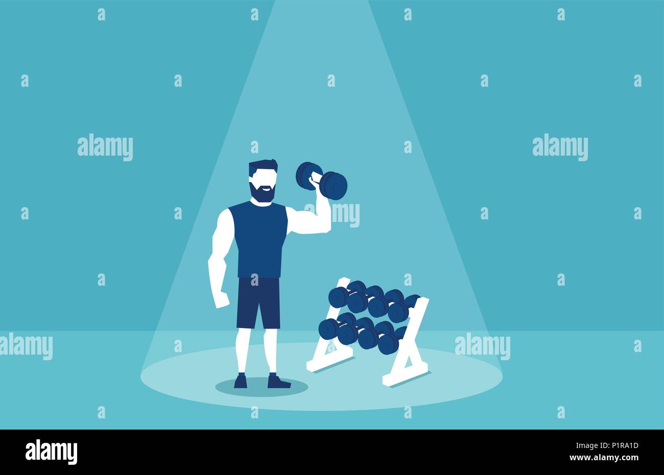 Immagine vettoriale di uomo sportivo il sollevamento pesi e lavoro in palestra su sfondo blu Illustrazione Vettoriale
