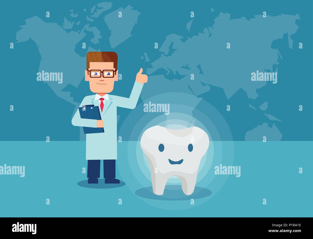 Illustrazione Vettoriale di dentista con dente sano tenendo pollice in alto sullo sfondo della mappa del mondo Illustrazione Vettoriale