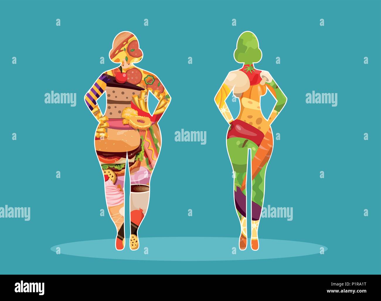 Uno stile piatto di slim e femmina obesi silhouette riempito con il cibo spazzatura e vegano sani prodotti a confronto Illustrazione Vettoriale