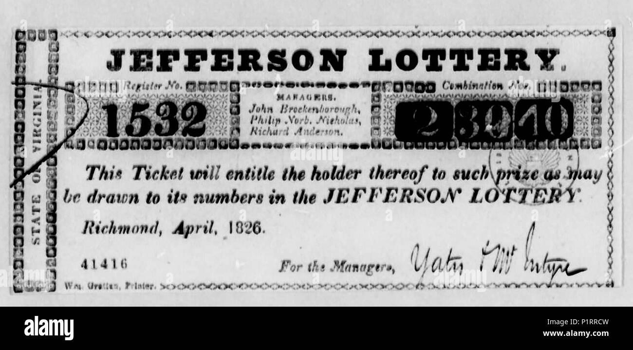 Biglietto per Jefferson lotteria - venduti originariamente come una lotteria con Monticello come il Gran Premio e abbastanza soldi sollevato per soddisfare Thomas Jefferson i debiti Foto Stock