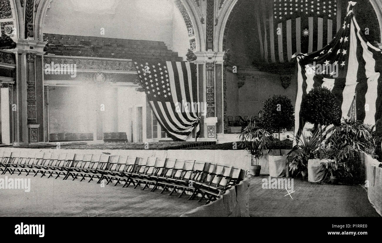 Tempio della musica McKinley omicidio site - fotografia di scena del William McKinley assassinio al tempio della musica, all'interno dell'esposizione Panamericana, Buffalo, New York, Sett. 6, 1901. Sito della ripresa contrassegnato con una X. Foto Stock