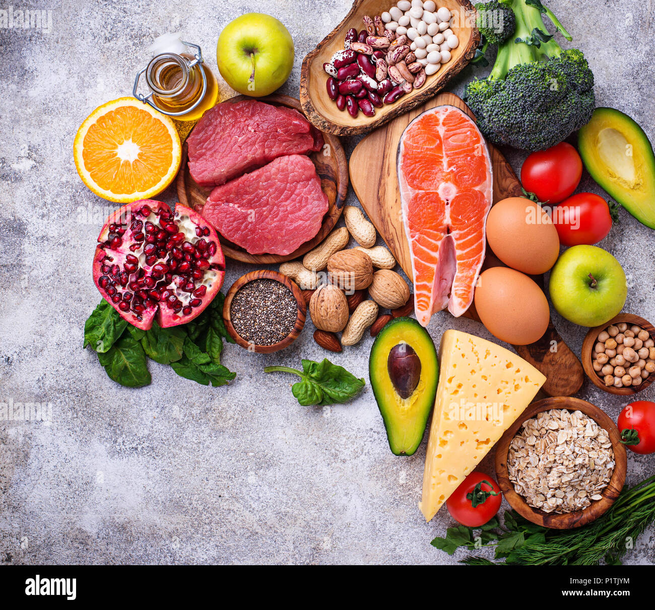 Carne, pesce, legumi, di frutta e verdura. Foto Stock