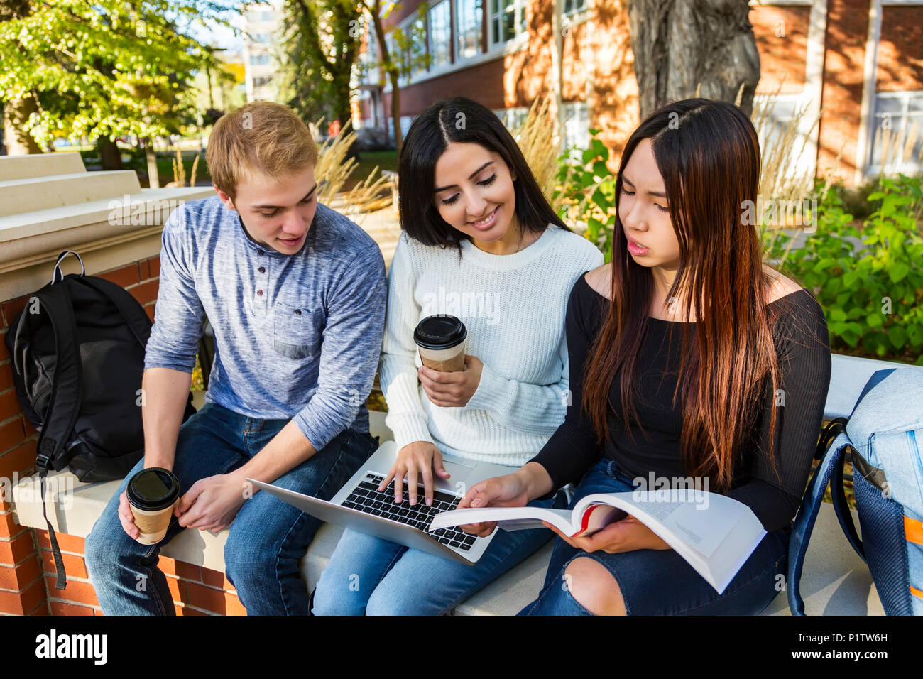 Tre giovani studenti universitari a sedersi su una panchina con un computer portatile aperto mentre si sta guardando un libro di testo e lavorare insieme sui compiti scolastici Foto Stock
