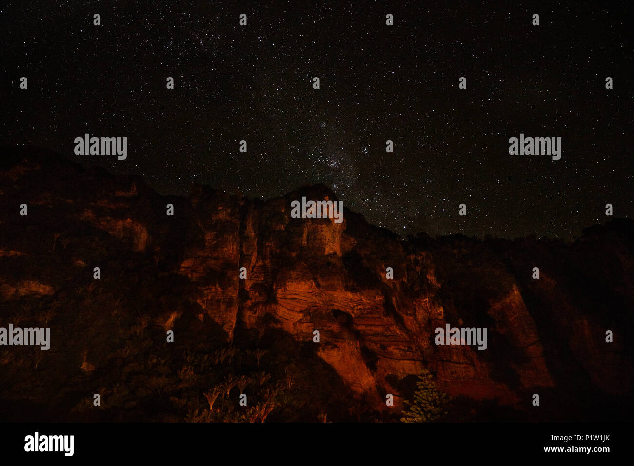 Cielo notturno e scogliere in Paparoa National Park, West Coast, Isola del Sud, Nuova Zelanda Foto Stock