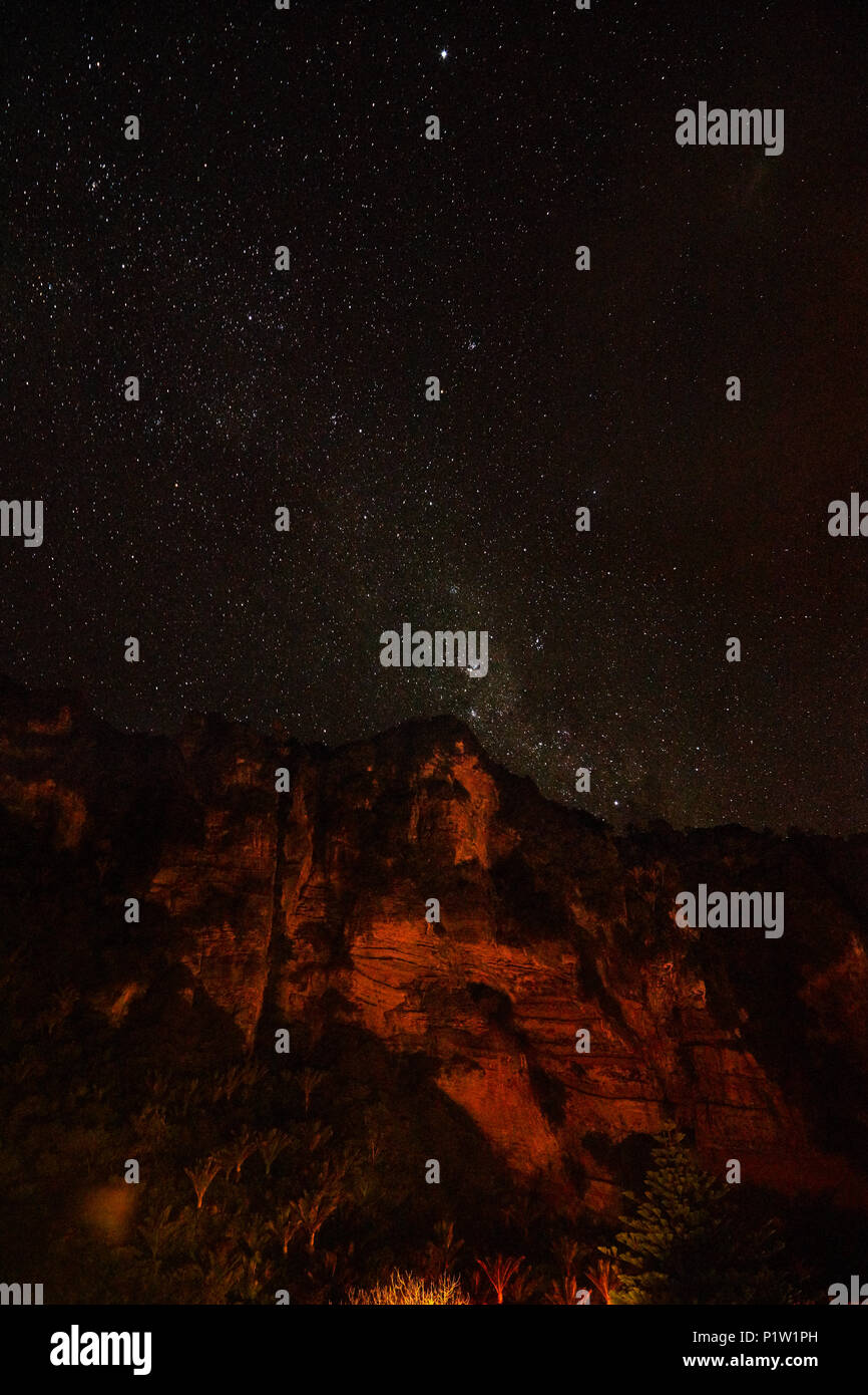 Cielo notturno e scogliere in Paparoa National Park, West Coast, Isola del Sud, Nuova Zelanda Foto Stock