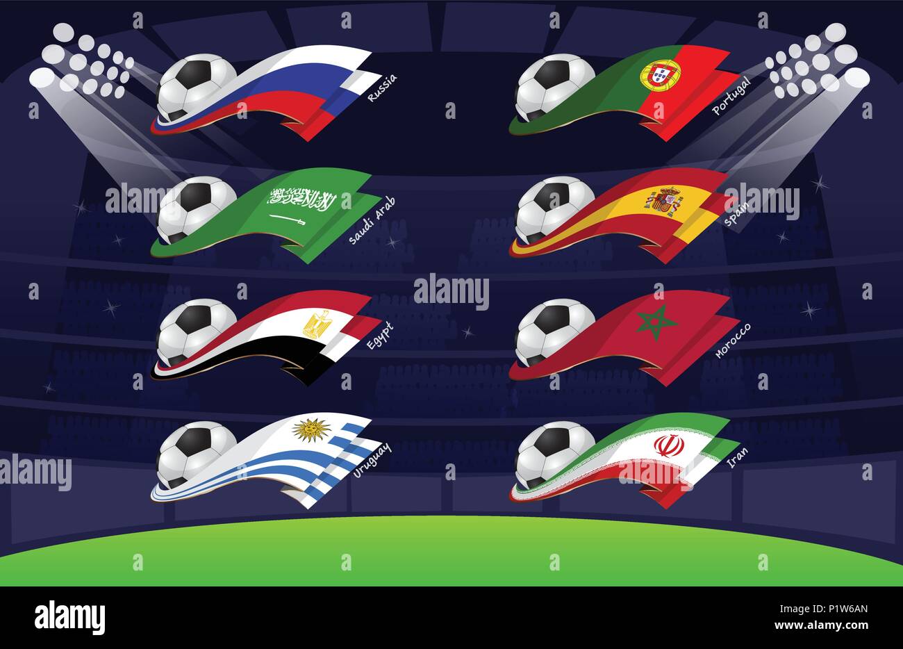 Bandiera World soccer 2018,Iran; Marocco; Spagna; Portogallo; Uruguay; Egitto; Arabia arabo; la Russia Illustrazione Vettoriale