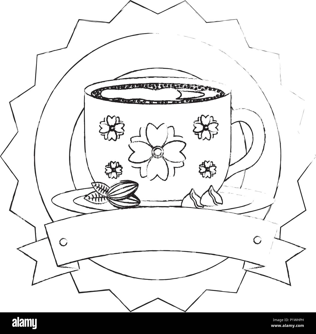 Fiore decorativo tazza da caffè sul piatto emblema illustrazione vettoriale schizzo Illustrazione Vettoriale