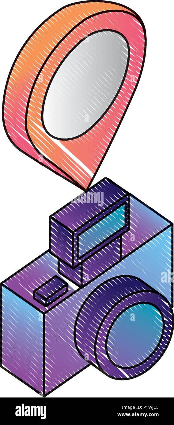Macchina fotografica con il puntatore mappa vettore di locazione illustrazione isometrica, Illustrazione Vettoriale