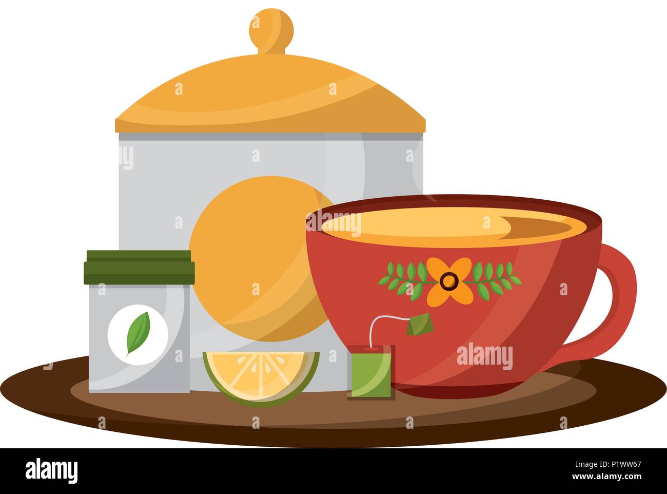 Tazza da tè con zucchero e limone bustine di the alle erbe illustrazione vettoriale Illustrazione Vettoriale