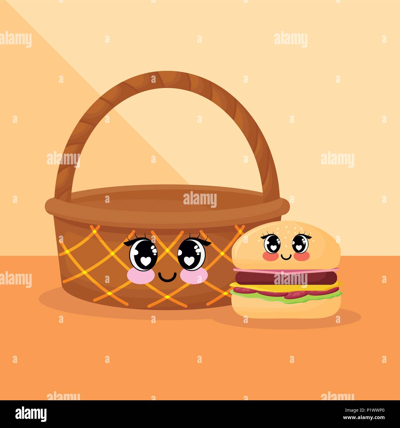 Kawaii cestello e hamburger icona sopra lo sfondo arancione, design colorato. illustrazione vettoriale Illustrazione Vettoriale