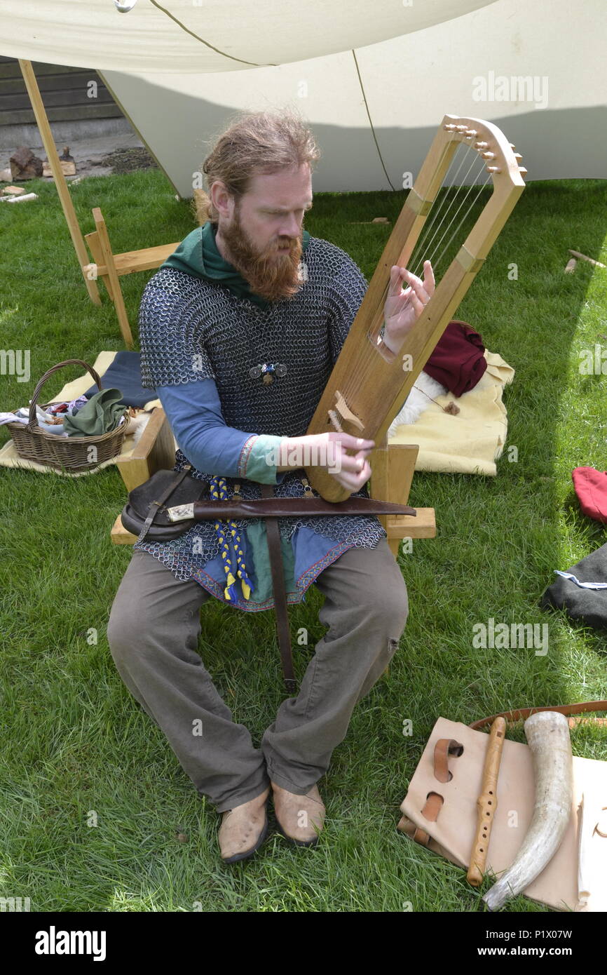 Musicista medievale giocando una replica di uno strumento a corda a Flag Fen parco archeologico. Anglosassone di rievocazione Evento, Peterborough, CAMBRIDGESHIRE, Regno Unito Foto Stock