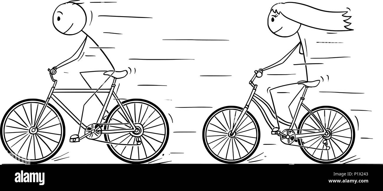 Cartoon di un uomo e di una donna o ragazza e ragazzo in sella della bicicletta Illustrazione Vettoriale