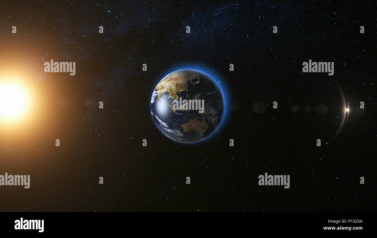 Vista dallo spazio sul pianeta terra e sole stella rotante sul suo asse in nero universo. Seamless loop con il giorno e la notte le luci della città cambia. Astronomia e concetto di scienza. Elementi di immagine fornita dalla NASA Foto Stock