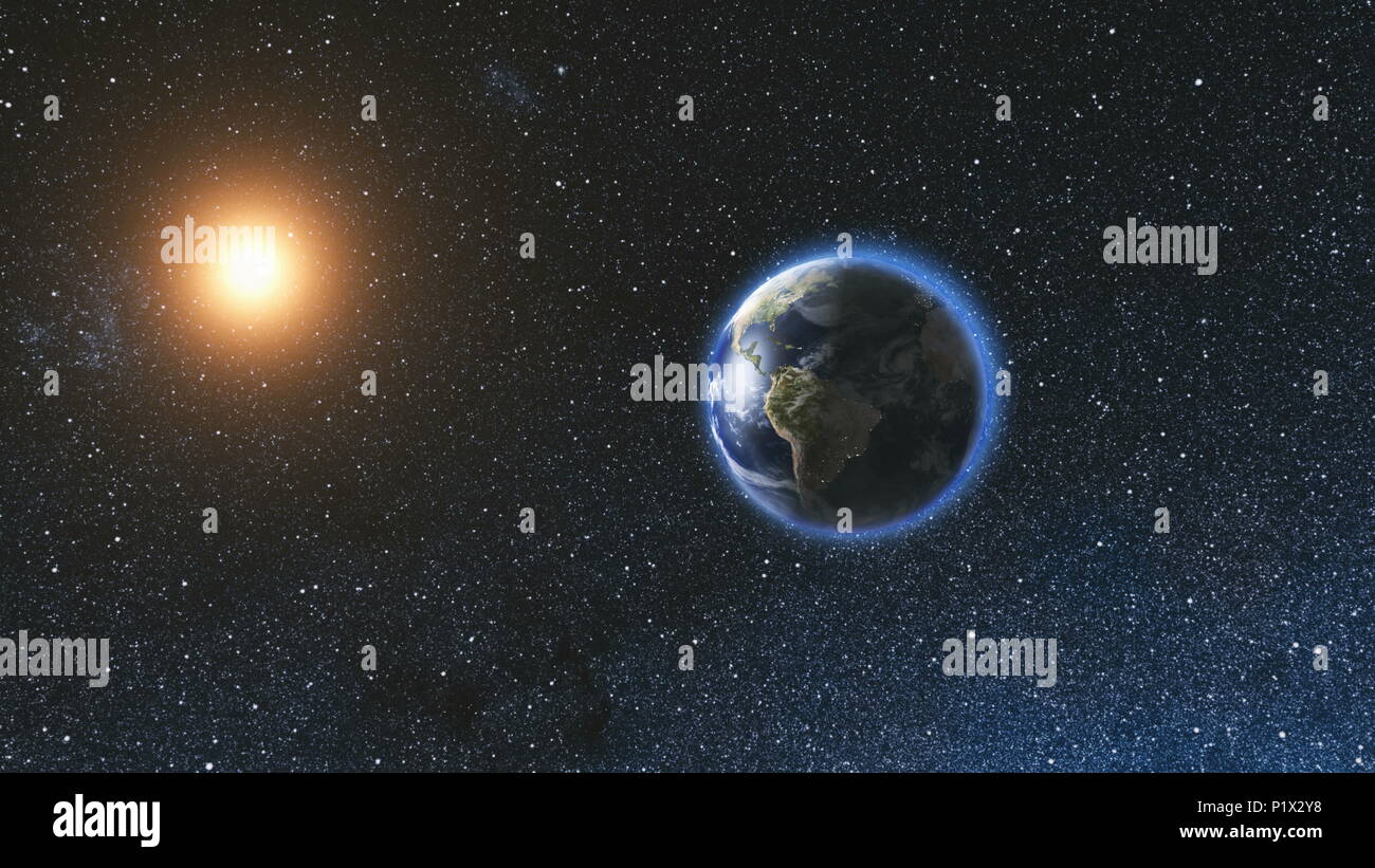 Vista dallo spazio sul pianeta terra e sole stella rotante sul suo asse in nero universo. Seamless loop con il giorno e la notte le luci della città cambia. Astronomia e concetto di scienza. Elementi di immagine fornita dalla NASA Foto Stock