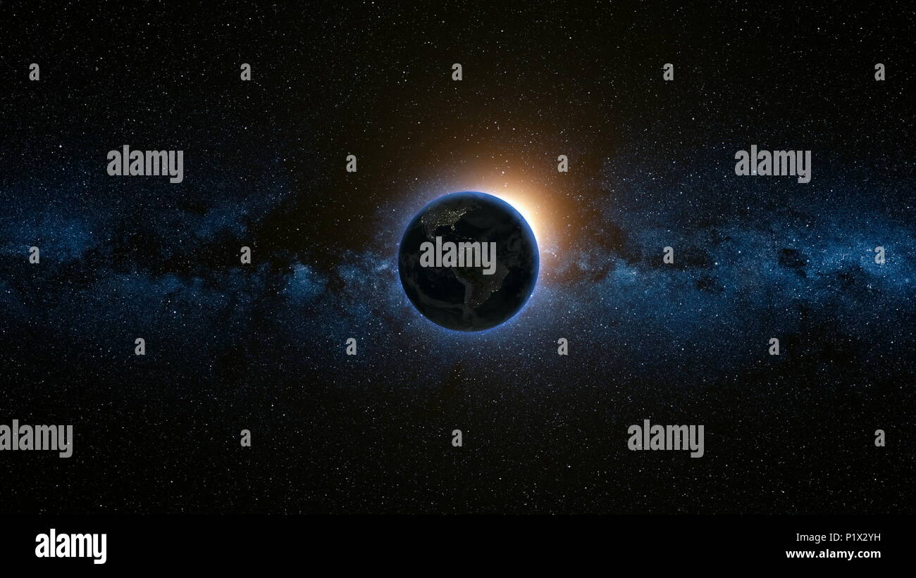 Vista dallo spazio sul pianeta terra e sole stella rotante sul suo asse in nero universo. Via Lattea in background. Seamless loop con il giorno e la notte le luci della città cambia. Elementi di immagine fornita dalla NASA Foto Stock