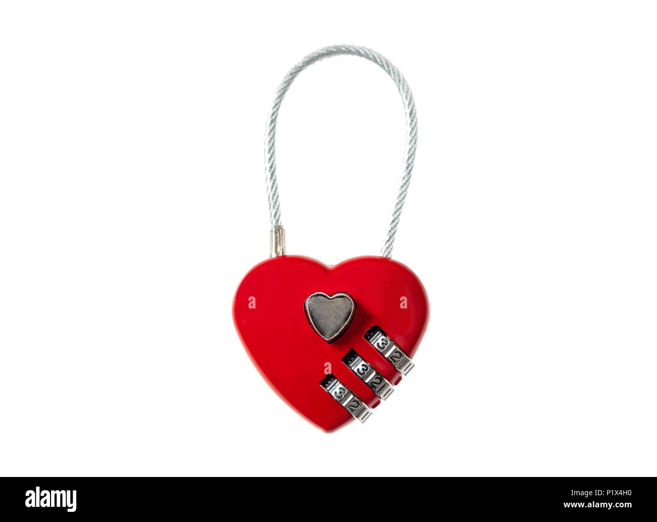 Amore bloccato concetto. Cuore rosso lucchetto tagliati fuori e isolato su sfondo bianco Foto Stock