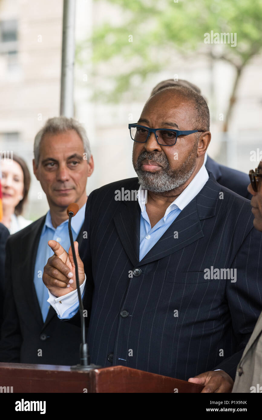 Relatore presso la cerimonia rivoluzionaria per la riqualificazione di Cook County Hospital Foto Stock