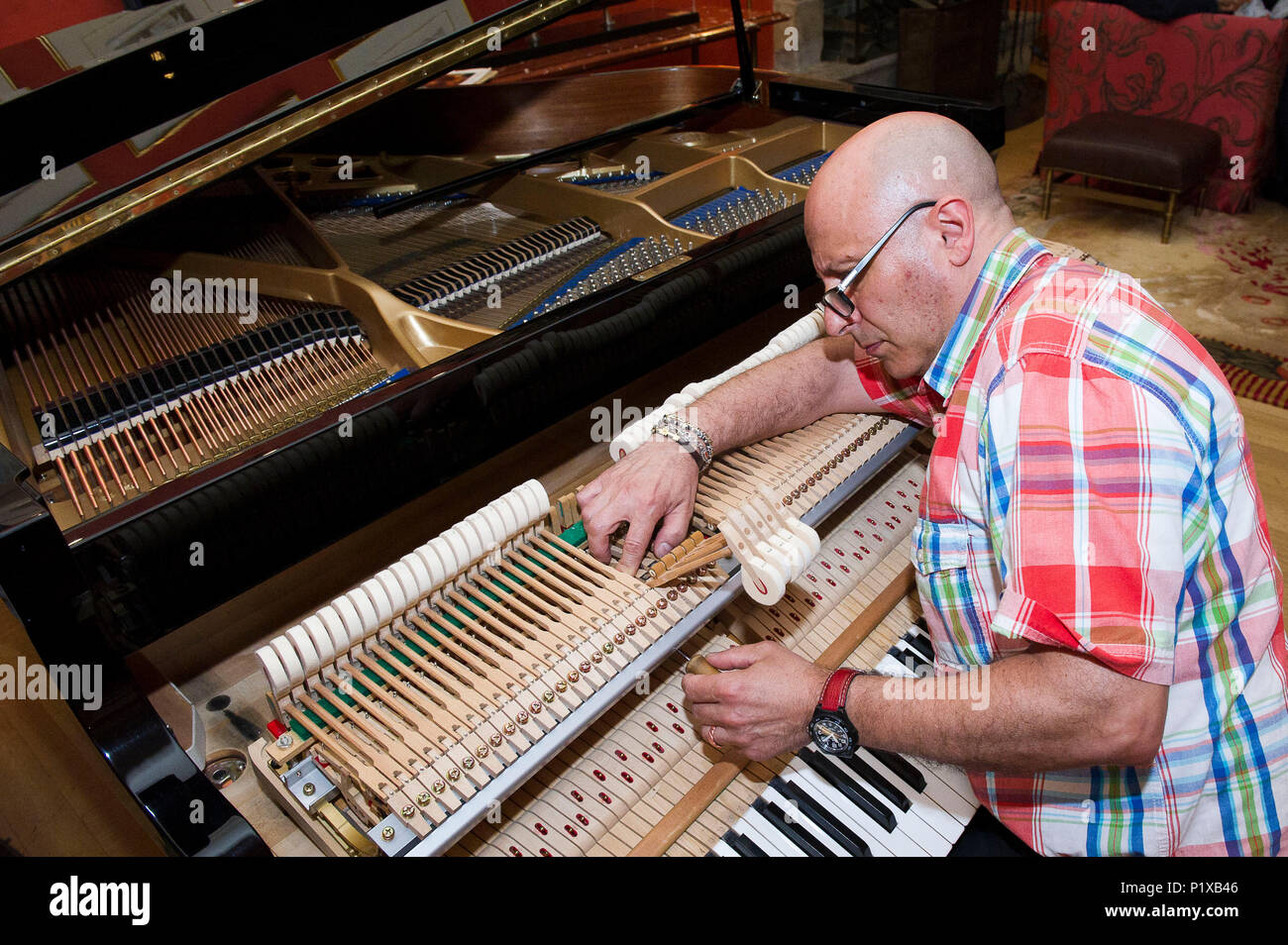 L'Europa, Italia, Lombardia Milano. sintonizzatore di piano tecnico durante una riparazione di un martello. Foto Stock