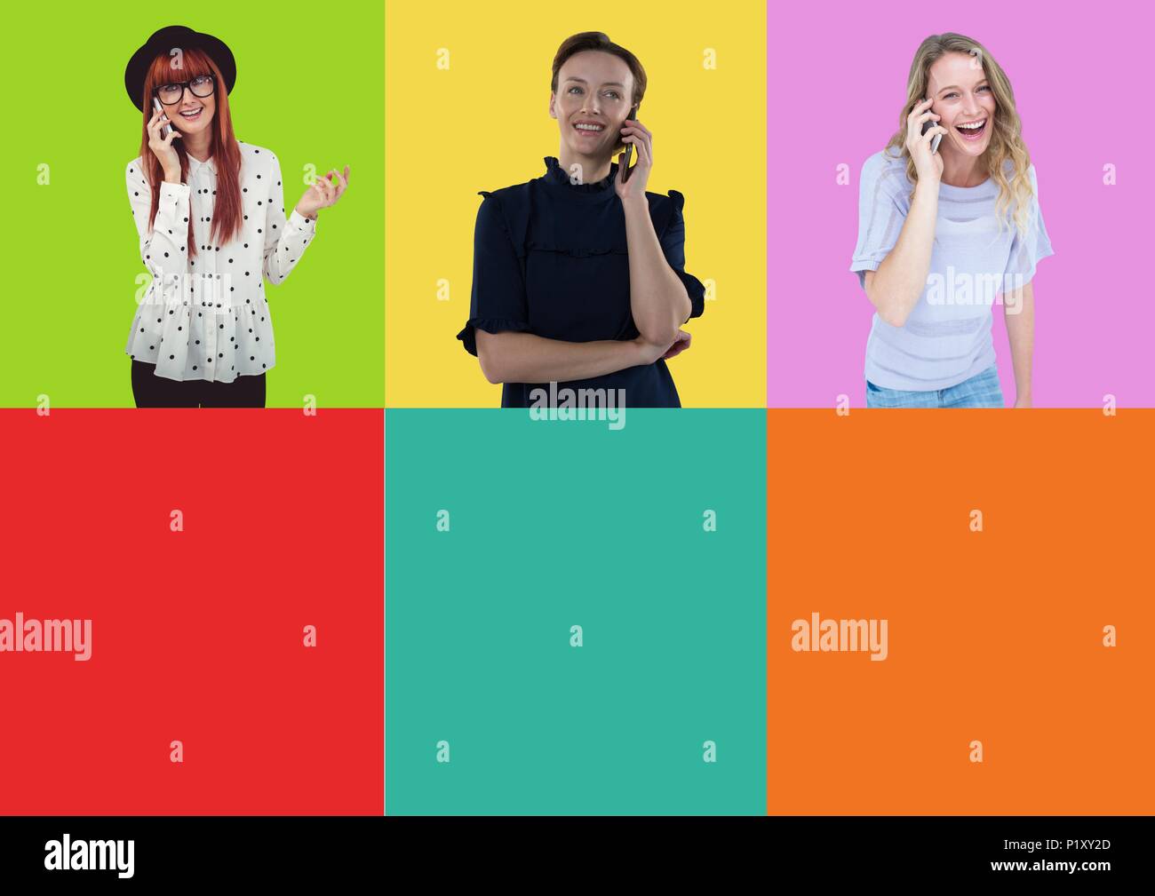 Persone su telefoni in colorate a sezione quadrata Foto Stock