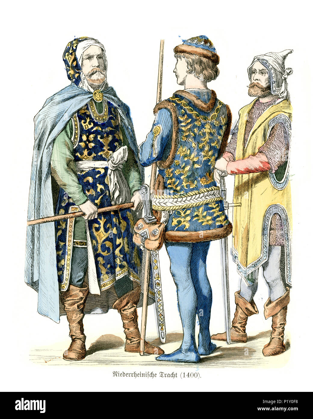 Vintage incisione di Storia della moda, Germania medievale del XV secolo, Basso Reno Foto Stock