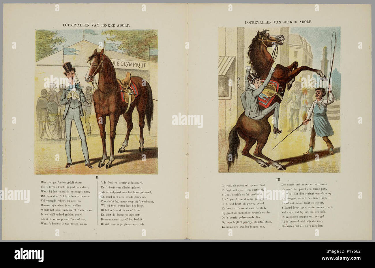 . Lotgevallen van Jonker Adolf. Jonker Adolf wint op de kermesse in het circus een paard en gaat uit rijden. Het paard gaat echter su op zijn achterpoten lopen, dansen, knielt voor een dame en op slaat hol. Tot slot springt het paard porta dwars een schilderij en Jonker Adolf valt eraf. Prentenboek incontrato acht illustraties geestige en daaronder rijmende bijschriften van 20 regels. 8 bl : gekl. lith // De keerzijde der bladen is niet bedrukt // Ingekleurd : f 0,75 Paarden // Kermissen // Prentenboeken // Rijmvertellingen // Humoristische verhalen . PRB01-864616155 002, 02-08-2005, 07:51, 8C, 5188x344 Foto Stock