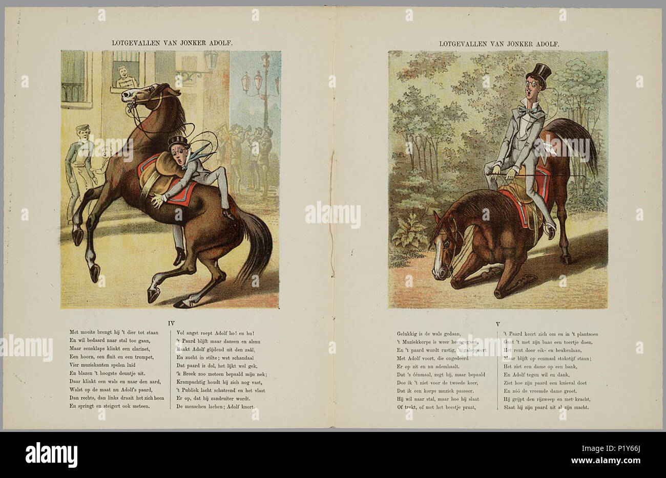 . Lotgevallen van Jonker Adolf. Jonker Adolf wint op de kermesse in het circus een paard en gaat uit rijden. Het paard gaat echter su op zijn achterpoten lopen, dansen, knielt voor een dame en op slaat hol. Tot slot springt het paard porta dwars een schilderij en Jonker Adolf valt eraf. Prentenboek incontrato acht illustraties geestige en daaronder rijmende bijschriften van 20 regels. 8 bl : gekl. lith // De keerzijde der bladen is niet bedrukt // Ingekleurd : f 0,75 Paarden // Kermissen // Prentenboeken // Rijmvertellingen // Humoristische verhalen . PRB01-864616155 004, 02-08-2005, 07:53, 8C, 5188x344 Foto Stock