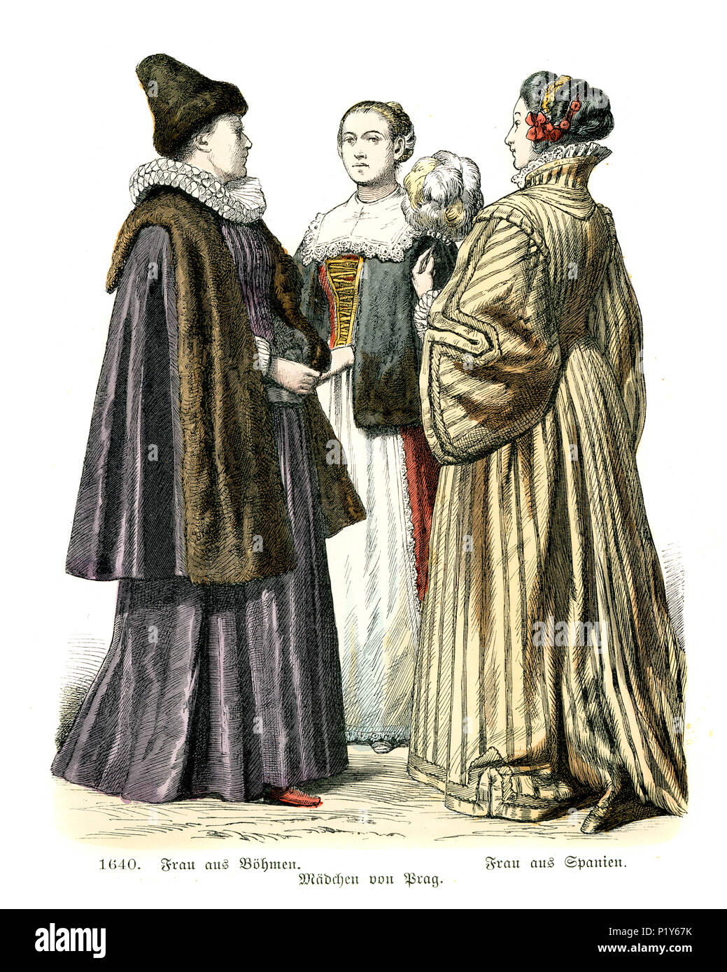 Vintage incisione di Storia della moda, le donne dalla Boemia e la Spagna del XVII secolo Foto Stock