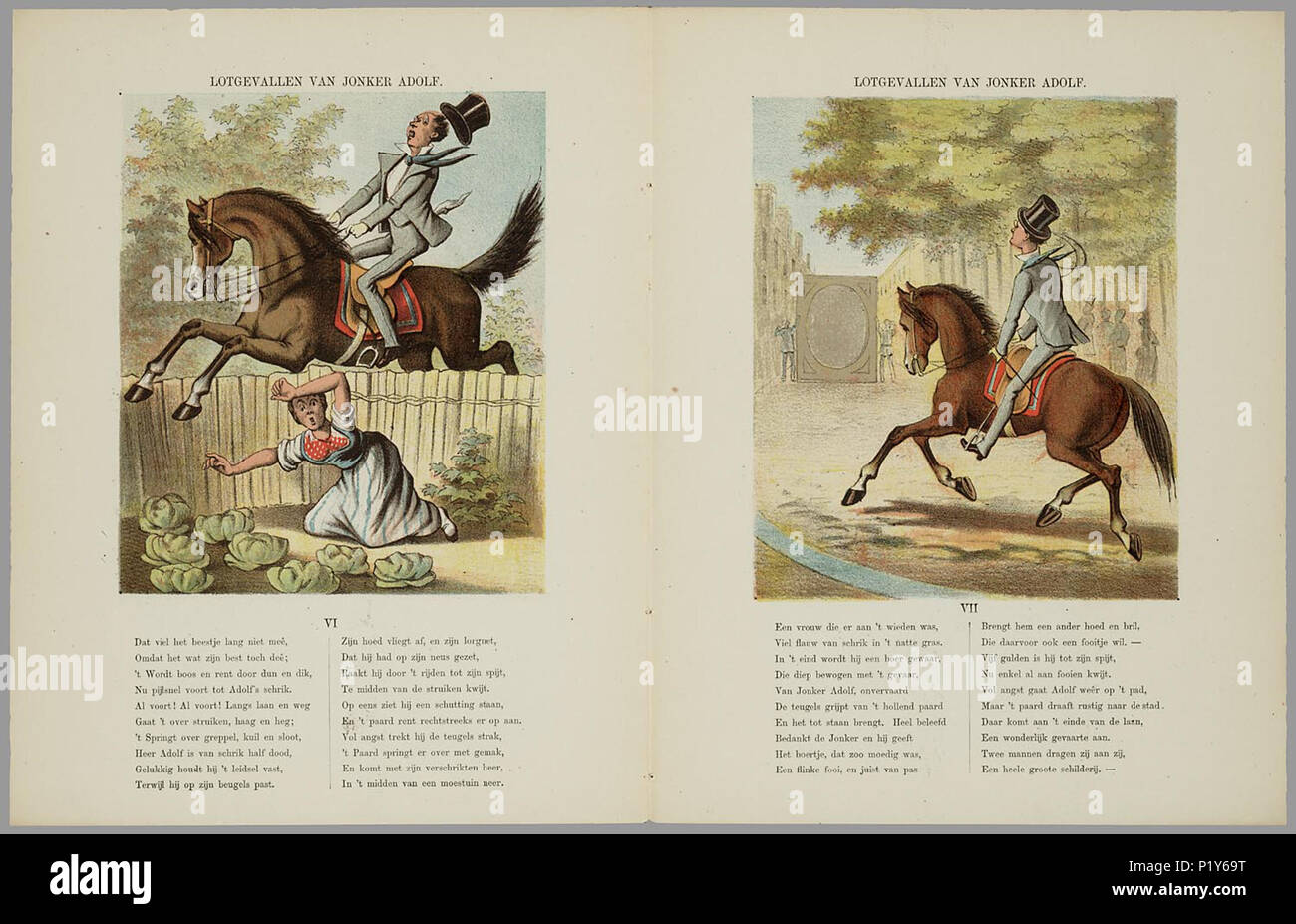 . Lotgevallen van Jonker Adolf. Jonker Adolf wint op de kermesse in het circus een paard en gaat uit rijden. Het paard gaat echter su op zijn achterpoten lopen, dansen, knielt voor een dame en op slaat hol. Tot slot springt het paard porta dwars een schilderij en Jonker Adolf valt eraf. Prentenboek incontrato acht illustraties geestige en daaronder rijmende bijschriften van 20 regels. 8 bl : gekl. lith // De keerzijde der bladen is niet bedrukt // Ingekleurd : f 0,75 Paarden // Kermissen // Prentenboeken // Rijmvertellingen // Humoristische verhalen . PRB01-864616155 005, 02-08-2005, 07:55, 8C, 5188x344 Foto Stock