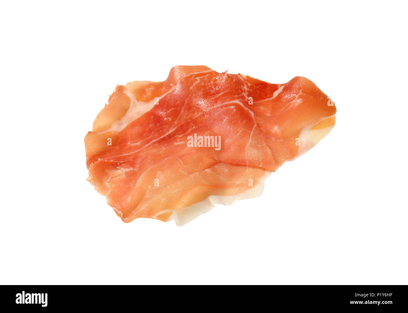 Fetta di aria secca prosciutto su sfondo bianco Foto Stock