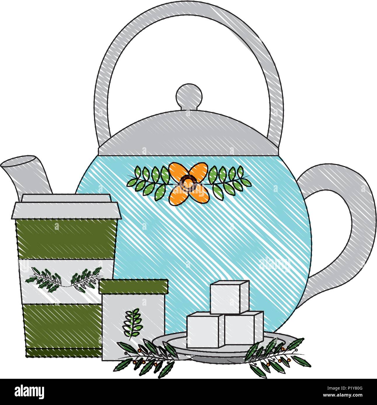 Teiera carta ceramica tazza di tè cubetti di zucchero e foglie illustrazione vettoriale disegno Illustrazione Vettoriale