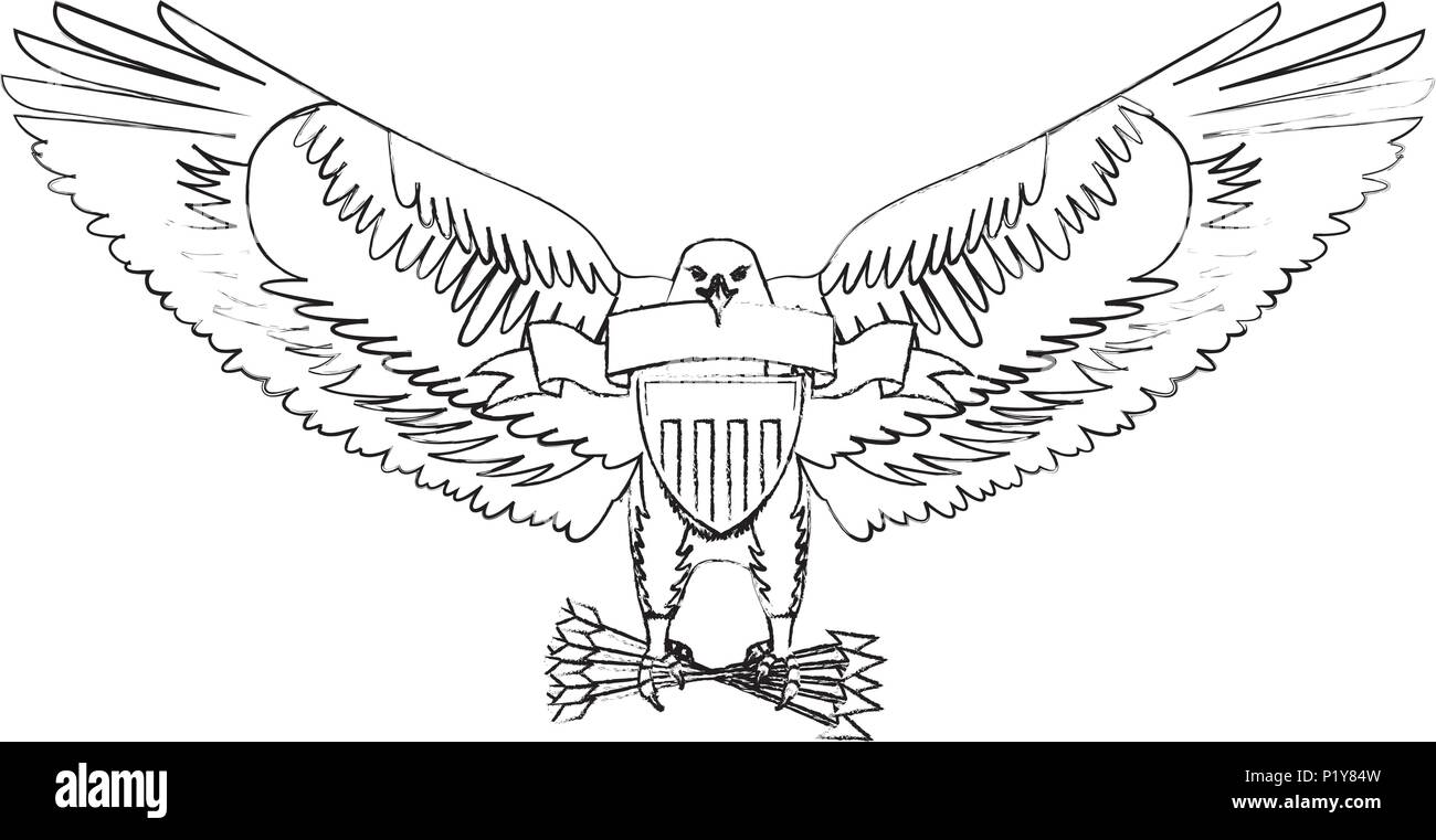 American Eagle con schermatura di nastro di diramazione e frecce illustrazione vettoriale schizzo Illustrazione Vettoriale