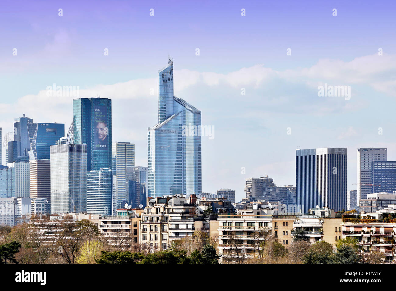 Parigi, sedicesimo quartiere. Il Bois de Boulogne. Giardino di acclimatazione. Fondazione Louis Vuitton. Architetto Franck Gehry. La difesa visto da una delle terrazze della fondazione. Il giardino di acclimatazione con il colore di primo piano. Foto Stock