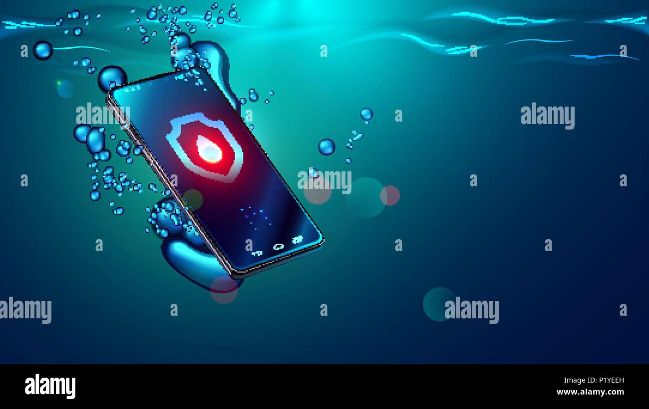 Nero smartphone caduta in acqua. Mobile smart phone dissipatori di superficie subacquea. Impermeabile elettronico o la resistenza all'acqua telefono tuffarsi in mare con bolle Illustrazione Vettoriale