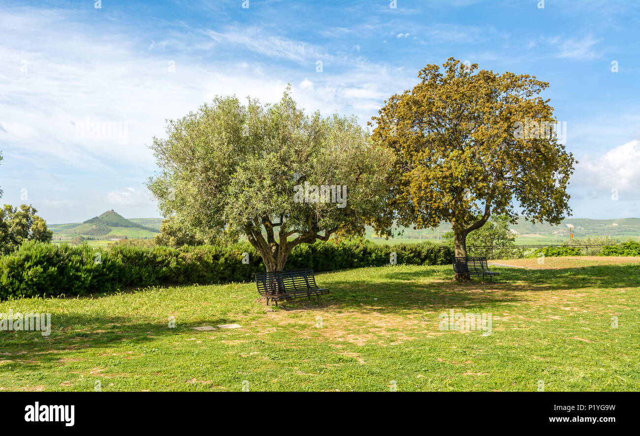 Vista della regione della Marmilla. La Marmilla è una regione naturale della zona centro-meridionale di Sardegna, Italia. Sullo sfondo è possibile vedere la rocca del Castello di M Foto Stock