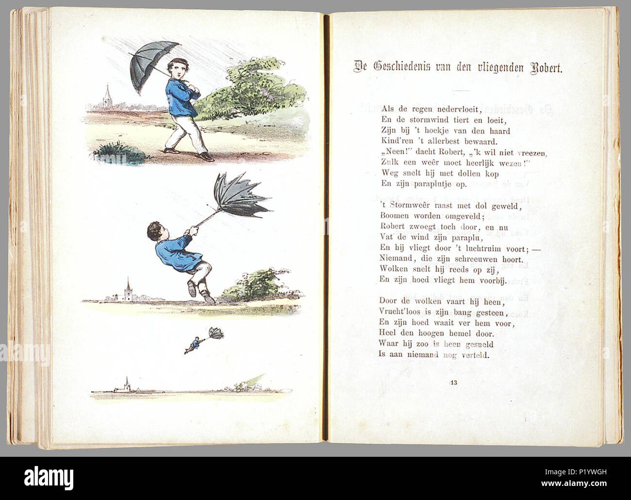 . Een nieuw aardig prentenboek als vervolg op het beroemde Hoogduitsche kinderwerk 'Der Struwwelpeter' voor Nederlandsche jongens en meisjes bewerkt / porta W.P. Razoux. Heruitgave incontrato geheel nieuwe illustraties die met de mano zijn ingekleurd. // Heruitgave 20 p., 16 bl. pl : handgekl. lith // Datering: niet in Rühle: Böse Kinder, schatting Theo van Gielen // Twee verhalen (de vliegende Robert en Hans Kijk-in-de-lucht) komen uit de 2e Duitse versie uit 1858 van Der Struwwelpeter van Heinrich Hoffmann, de andere verhalen uit 'Der Grüne Bub " // De keerzijde van de illustraties è onbedrukt // B Foto Stock