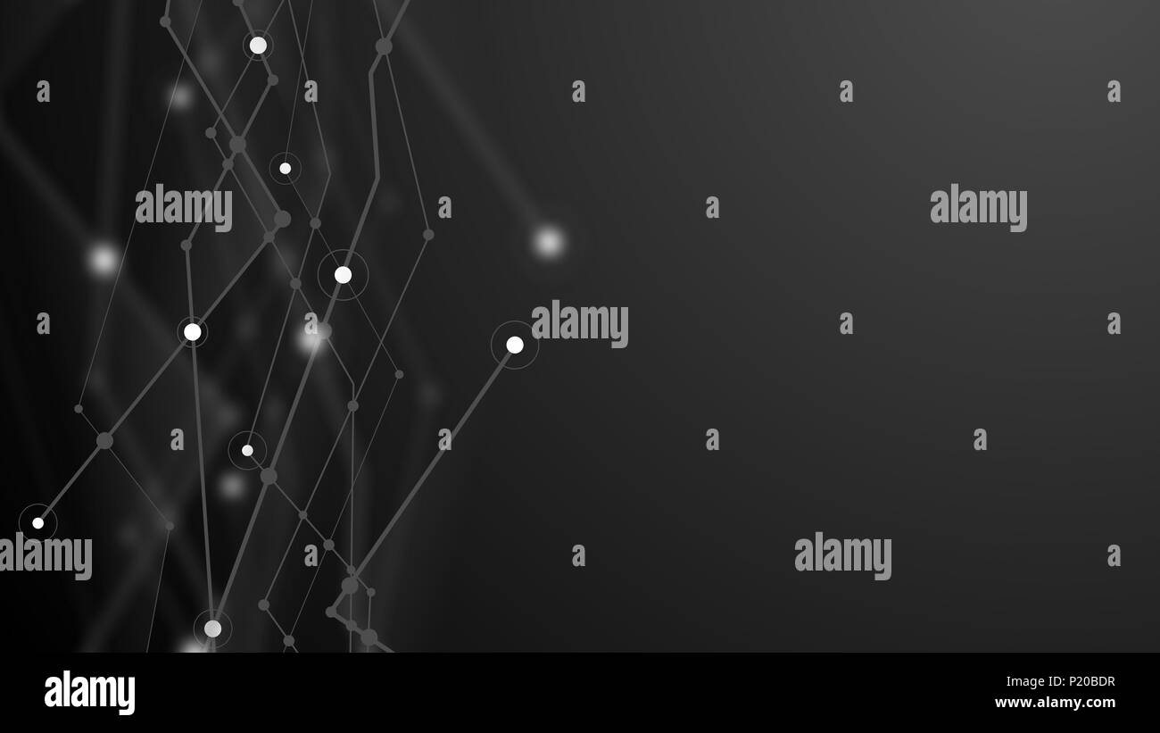Abstract blockchain futuristico nero scuro dello sfondo. Punti con forme di colore grigio. Il design del vettore digitale il concetto di tecnologia texture Foto Stock