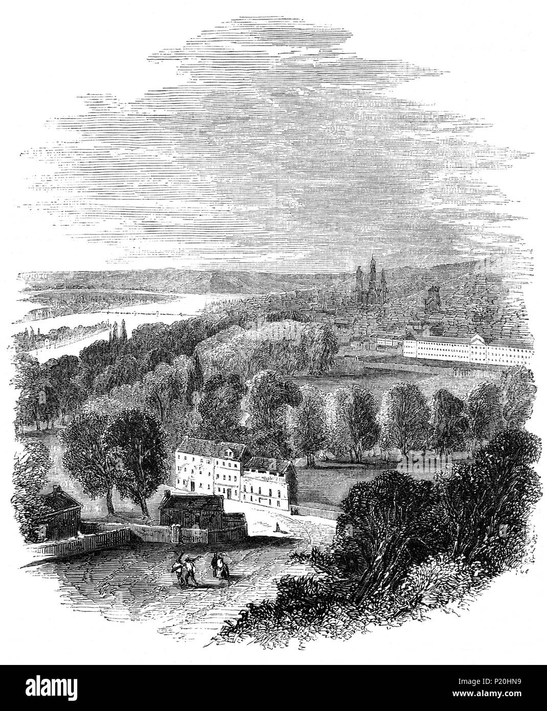 Visto qui dalla collina di Santa Caterina, Rouen, la posizione dell'Assedio di Rouen (29 luglio 1418 - 19 gennaio 1419, è una città sul fiume Senna in Normandia, Francia. È stato un evento importante nel alla guerra dei cent'anni, quando le forze inglesi di Enrico V catturato la città dal francese Norman. Entro il mese di dicembre, 1418, gli abitanti sono state morendo di fame e più di 12.000 dei poveri sono stati espulsi per salvare il cibo. Il re Enrico non consentirebbe la gente a lasciare la linea di assedio, e così sono stati costretti a vivere nel fosso scavato vicino alla parete della città per la sua protezione. Foto Stock