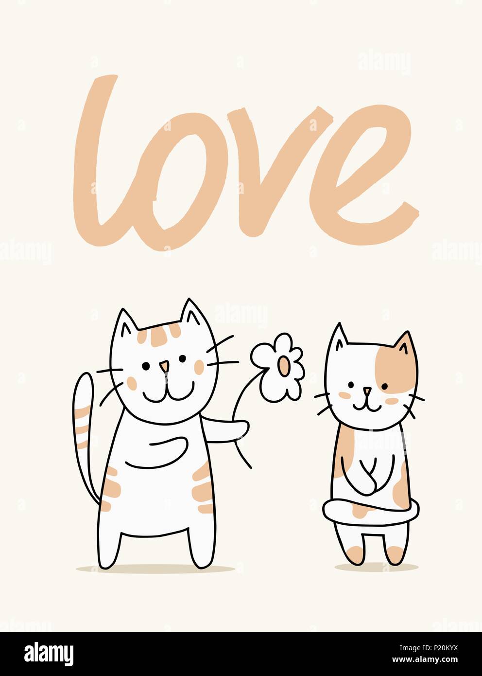 Paio di vettore di Cute cats con fiore. Cartoon flat amore animale illustrazione Illustrazione Vettoriale