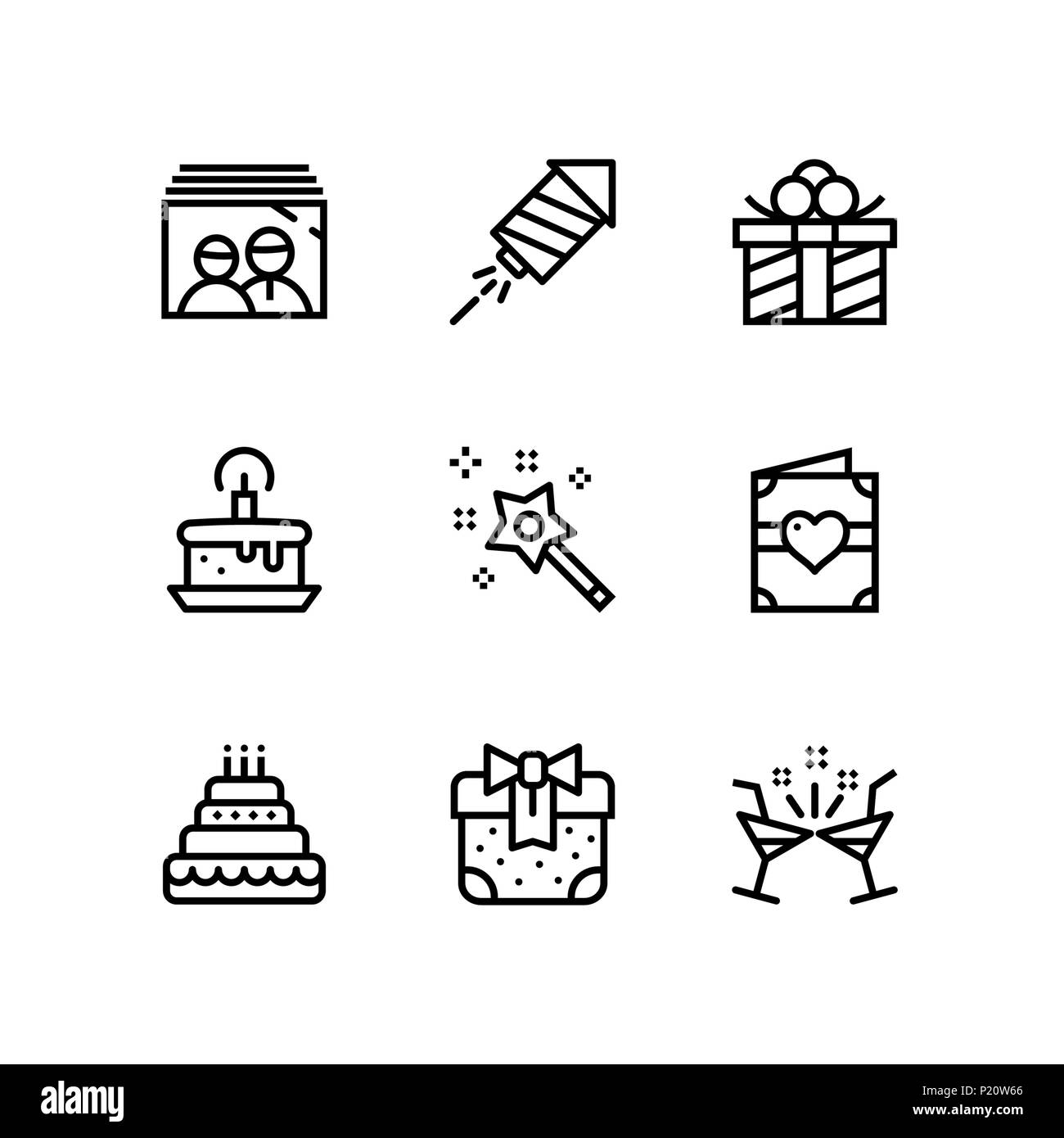 Compleanno, evento celebrazione vettore icone semplici per il web e i dispositivi mobili pack 2 Illustrazione Vettoriale