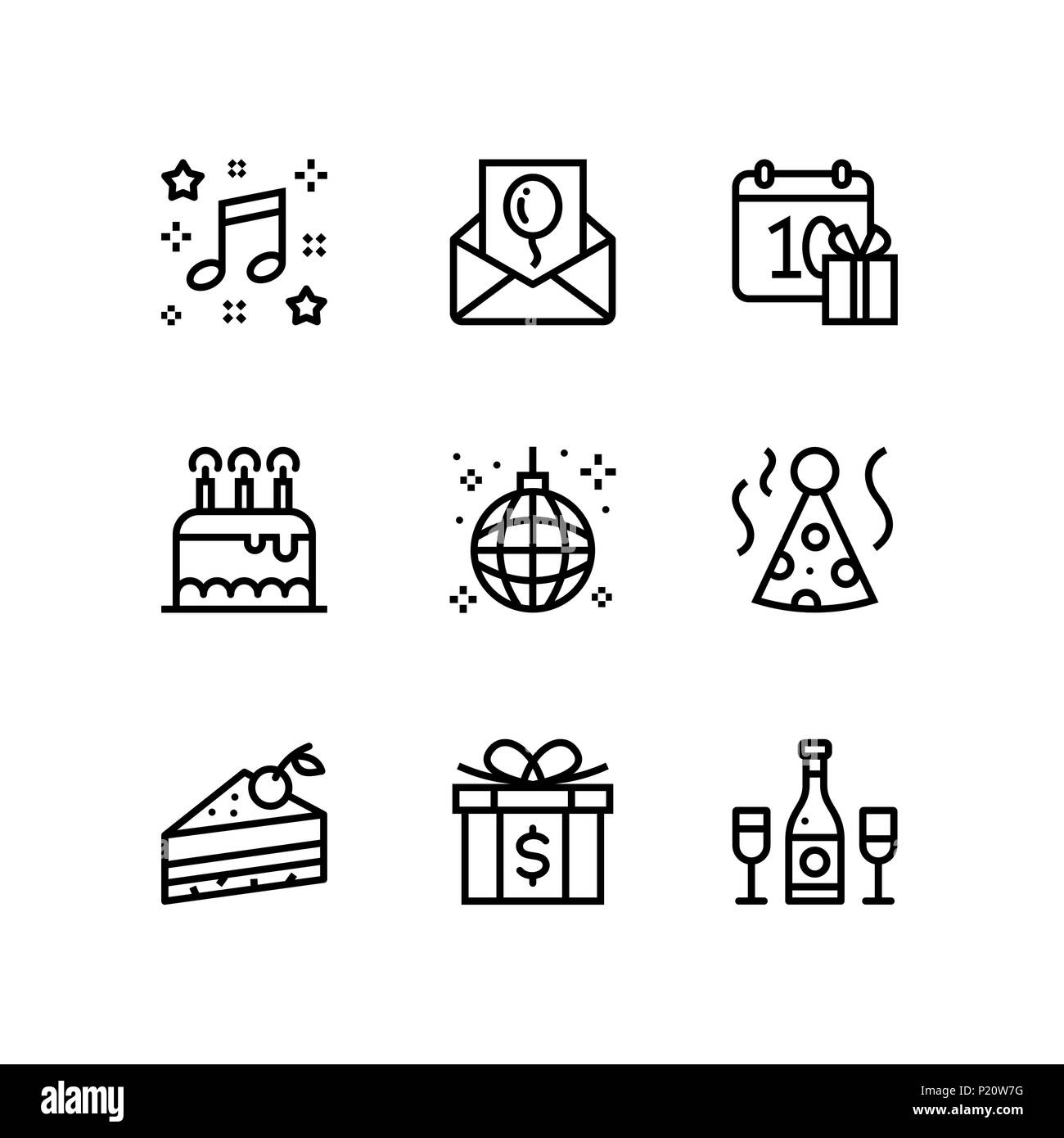 Compleanno, evento celebrazione vettore icone semplici per il web e i dispositivi mobili pack 3 Illustrazione Vettoriale