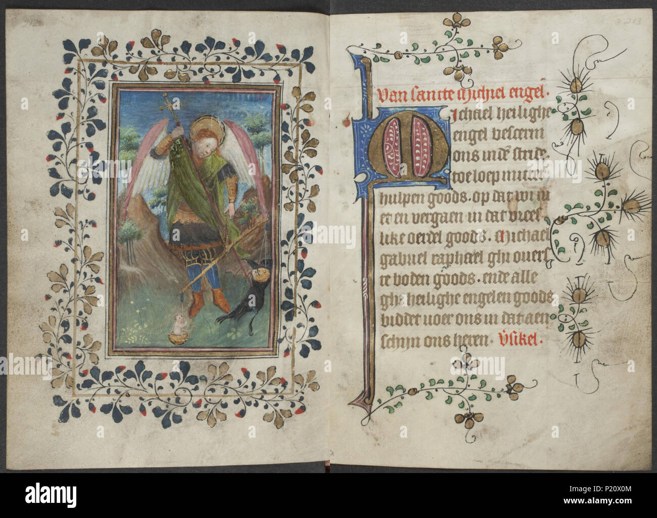 . Libro d Ore dal maestro di Zweder van Culemborg - KB 79 K 2 - folio 106v (sinistra) e 107R (destro) . Lato sinistro folio 106v e destra folio 107r dal libro di ore dal maestro(s) di Zweder van Culemborg luminarie sulla sinistra folio 106v i a piena pagina mostra in miniatura San Michele pesa le anime in scale e trafigge il diavolo Psychostasis, l'arcangelo Michele pesa le anime in scale (e che trafigge il diavolo) (11G1831) . tra circa 1430 e circa 1435 33 Libro d Ore dal maestro di Zweder van Culemborg - KB 79 K 2 - folio 106v (sinistra) e 107R (righ Foto Stock