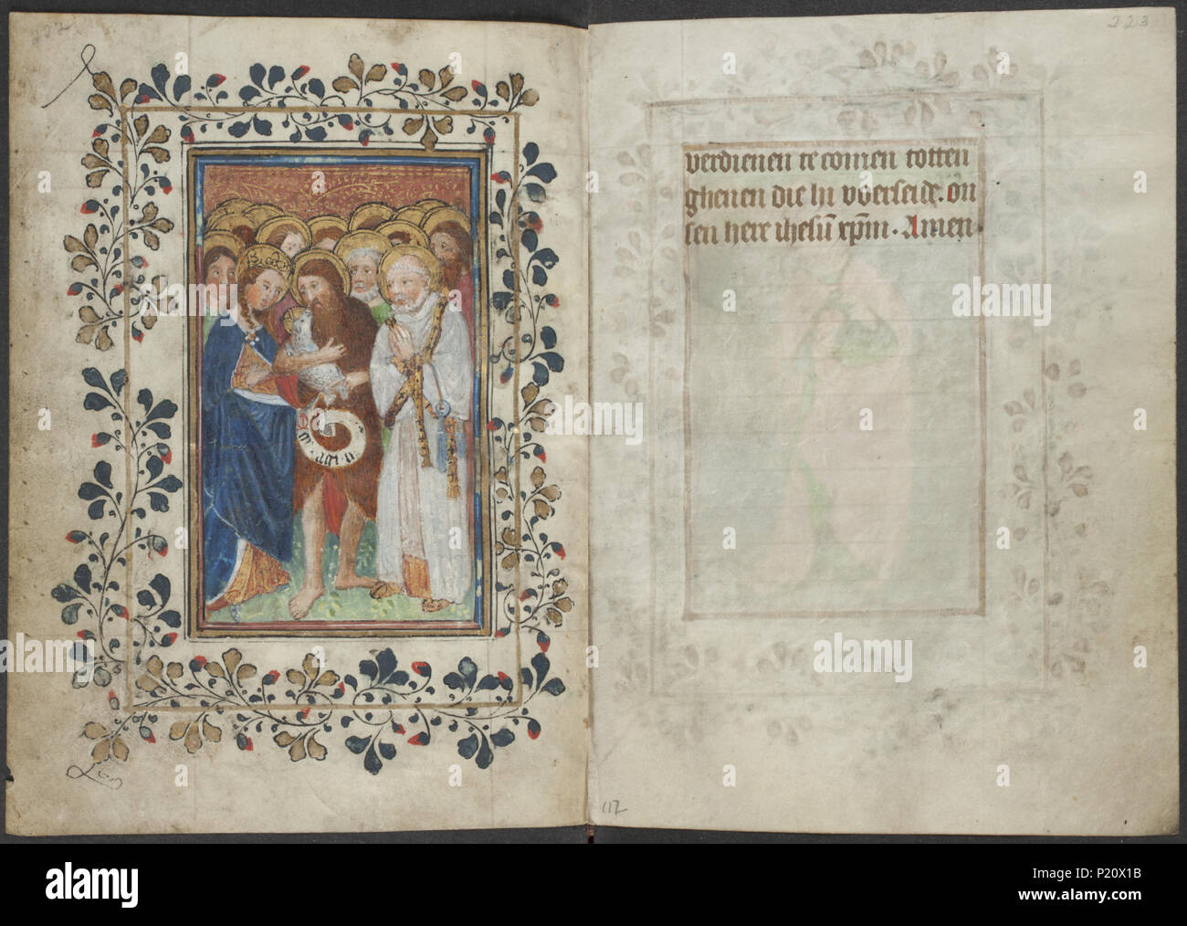 . Libro d Ore dal maestro di Zweder van Culemborg - KB 79 K 2 - folio 111v (sinistra) e 112R (destro) . Lato sinistro folio 111v e destra folio 112r dal libro di ore dal maestro(s) di Zweder van Culemborg luminarie sulla sinistra folio 111v full-page miniatura mostra tutti i Santi Agnello croce del cuscinetto o banner, "Agnus Dei"  simbolo di Cristo (11D1311) maschio santi (con il nome) - maschio saint rappresentata in un gruppo (11H(...)0) La devozione: tutti i santi immagine, 'allerheiligenbild' (santi)3 11H(TUTTI I SANTI)3) Giovanni Battista; possibili attributi: prenota, reed croce, coppa battesimale, hon Foto Stock