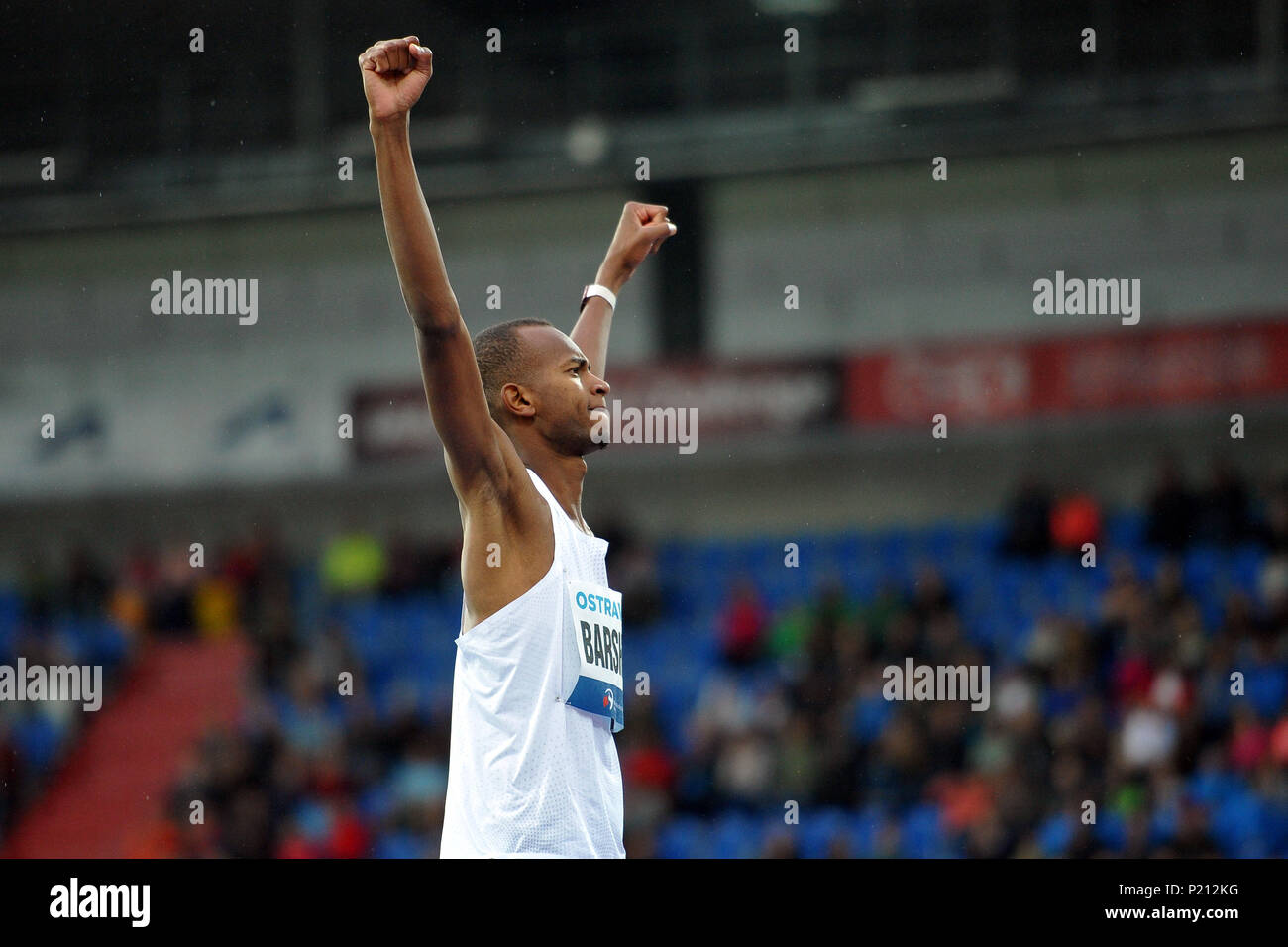 Ostrava, Repubblica Ceca. Xiii Giugno, 2018. Mutaz Essa Barshim celebra la vittoria di Uomini Salto in alto durante presso la IAAF World Challenge Golden Spike evento in Ostrava nella Repubblica Ceca. Credito: Slavek Ruta/ZUMA filo/Alamy Live News Foto Stock