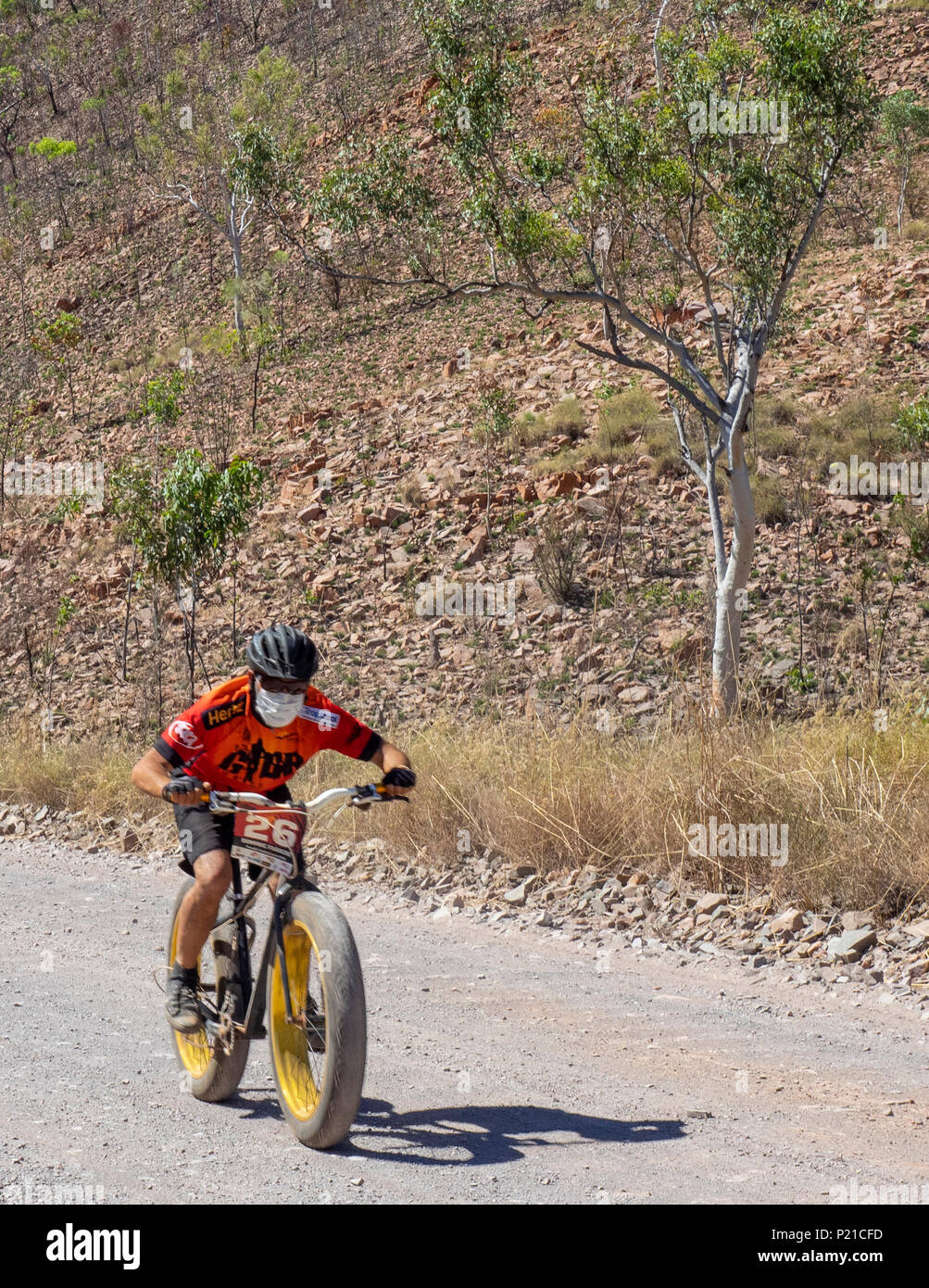Gibb Challenge 2018 ciclista in sella a una fatbike su una strada sterrata El Questro Station Kimberley Australia Occidentale Foto Stock