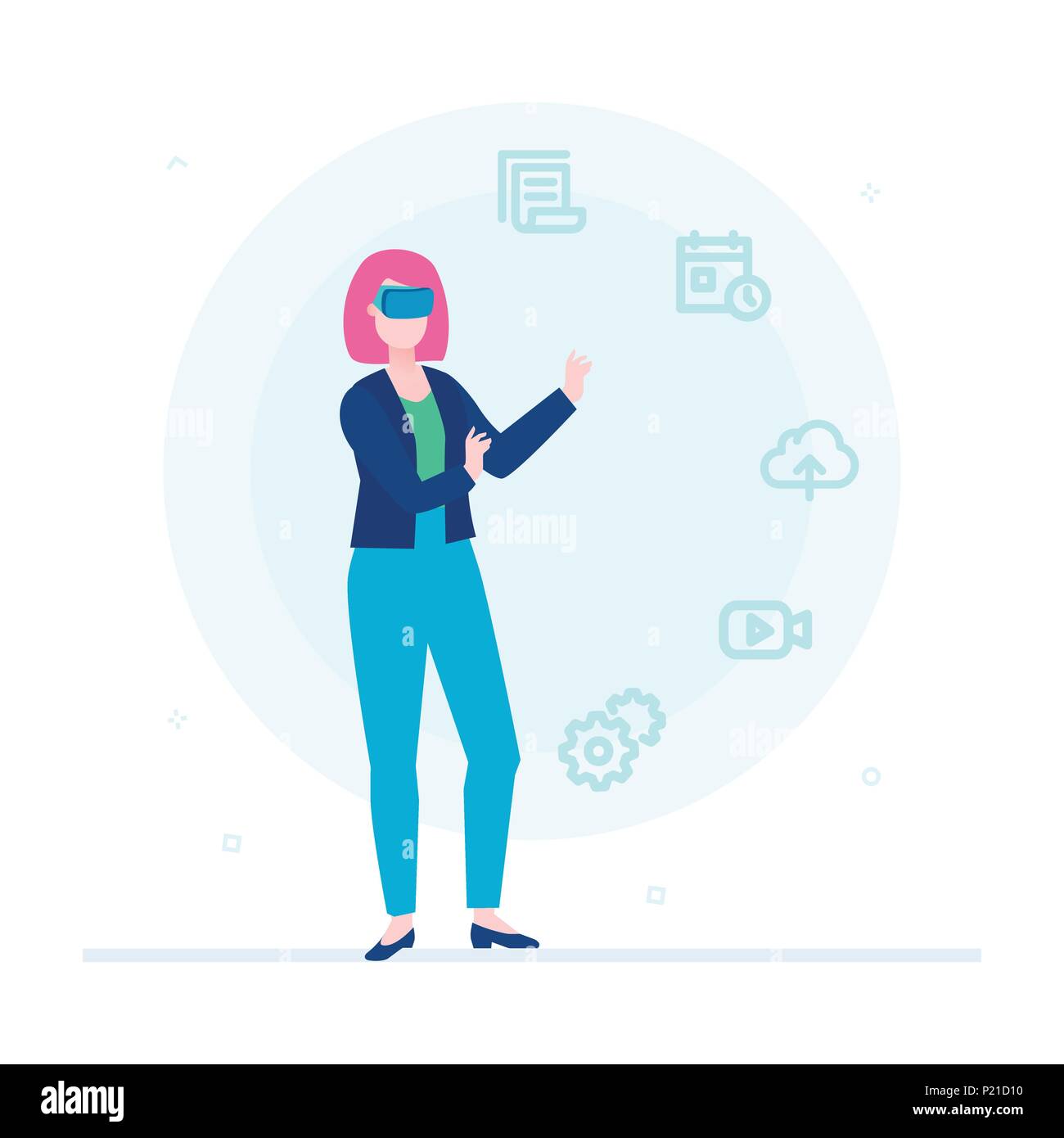 Donna in VR occhiali - appartamento stile design illustrazione colorata Illustrazione Vettoriale