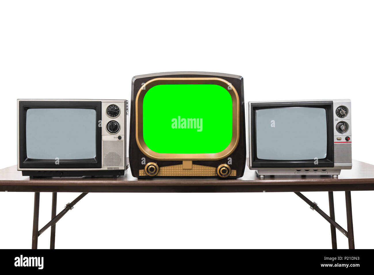 Televisori Vintage isolato su bianco con chroma key green screen e percorso di clipping. Foto Stock